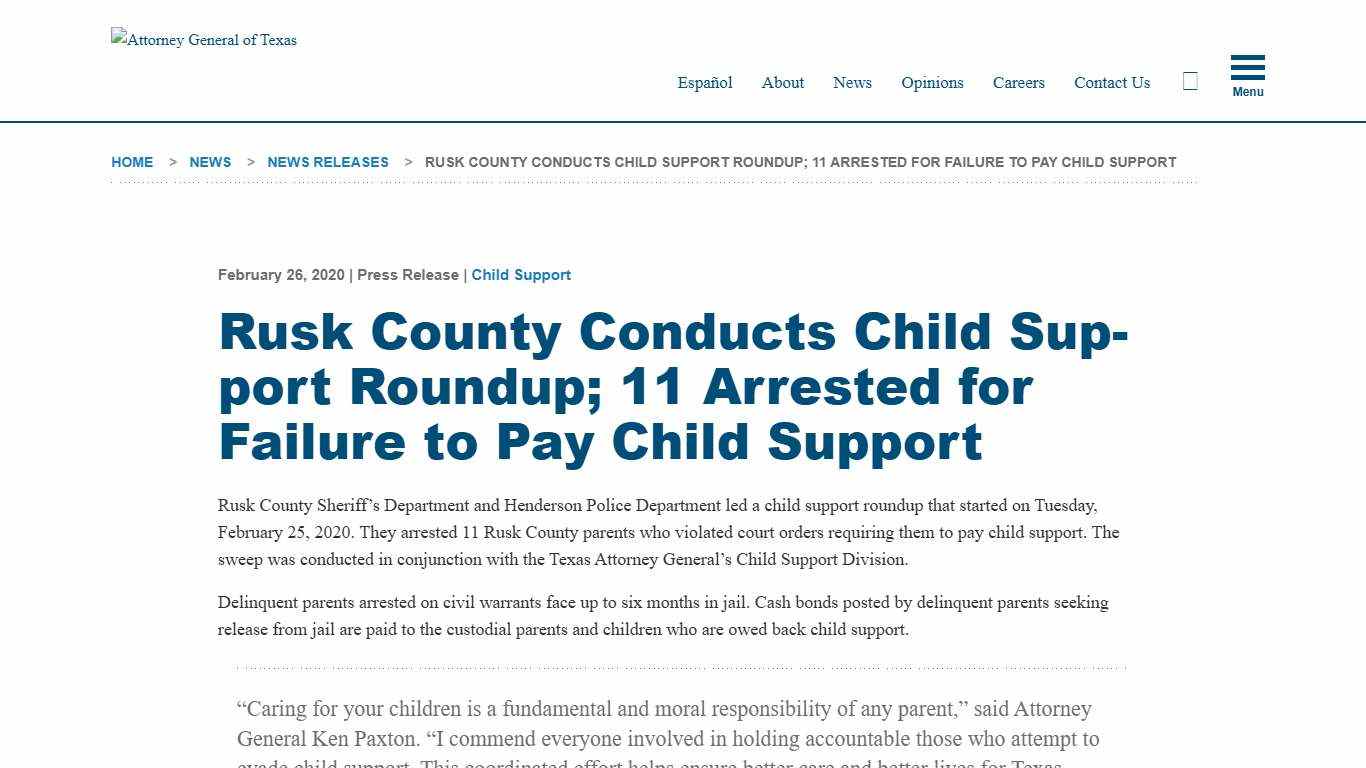 Rusk County Conducts Child Support Roundup; 11 Arrested for Failure to Pay Child Support | Office of the Attorney General