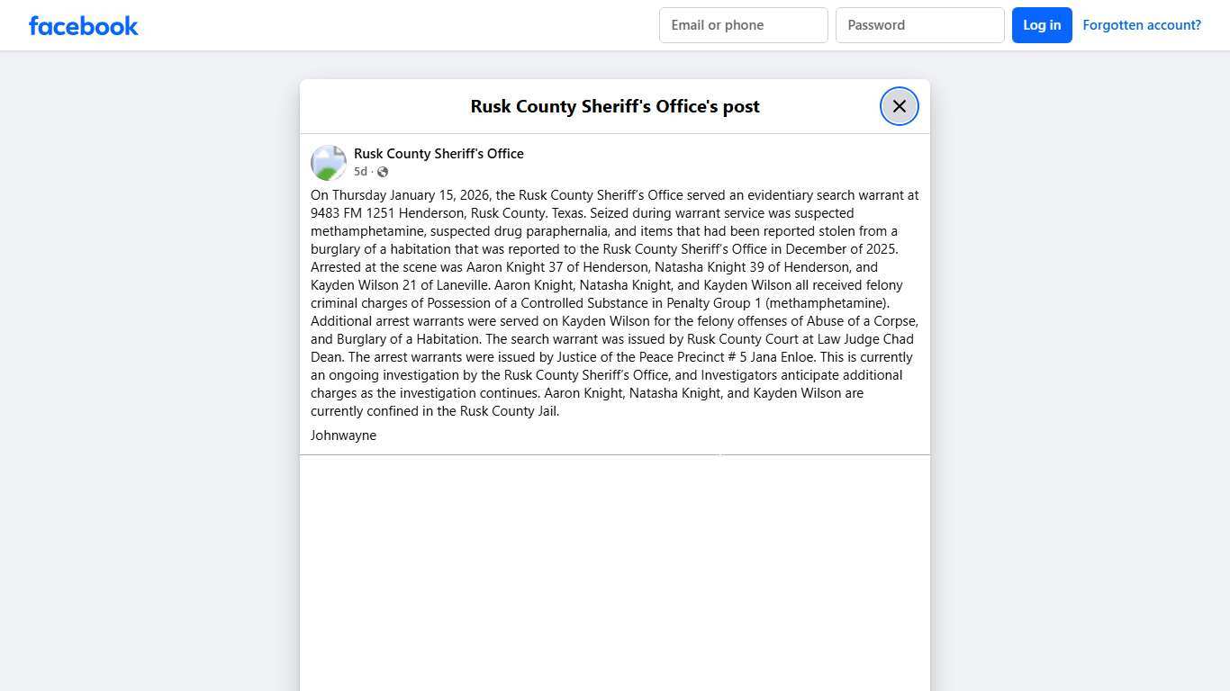 On Thursday January 15,... - Rusk County Sheriff's Office | Facebook